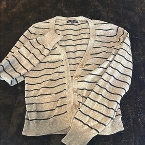 GAP Gray Black Striped Cardigan Womens Size L Button Front Lightweight Layering